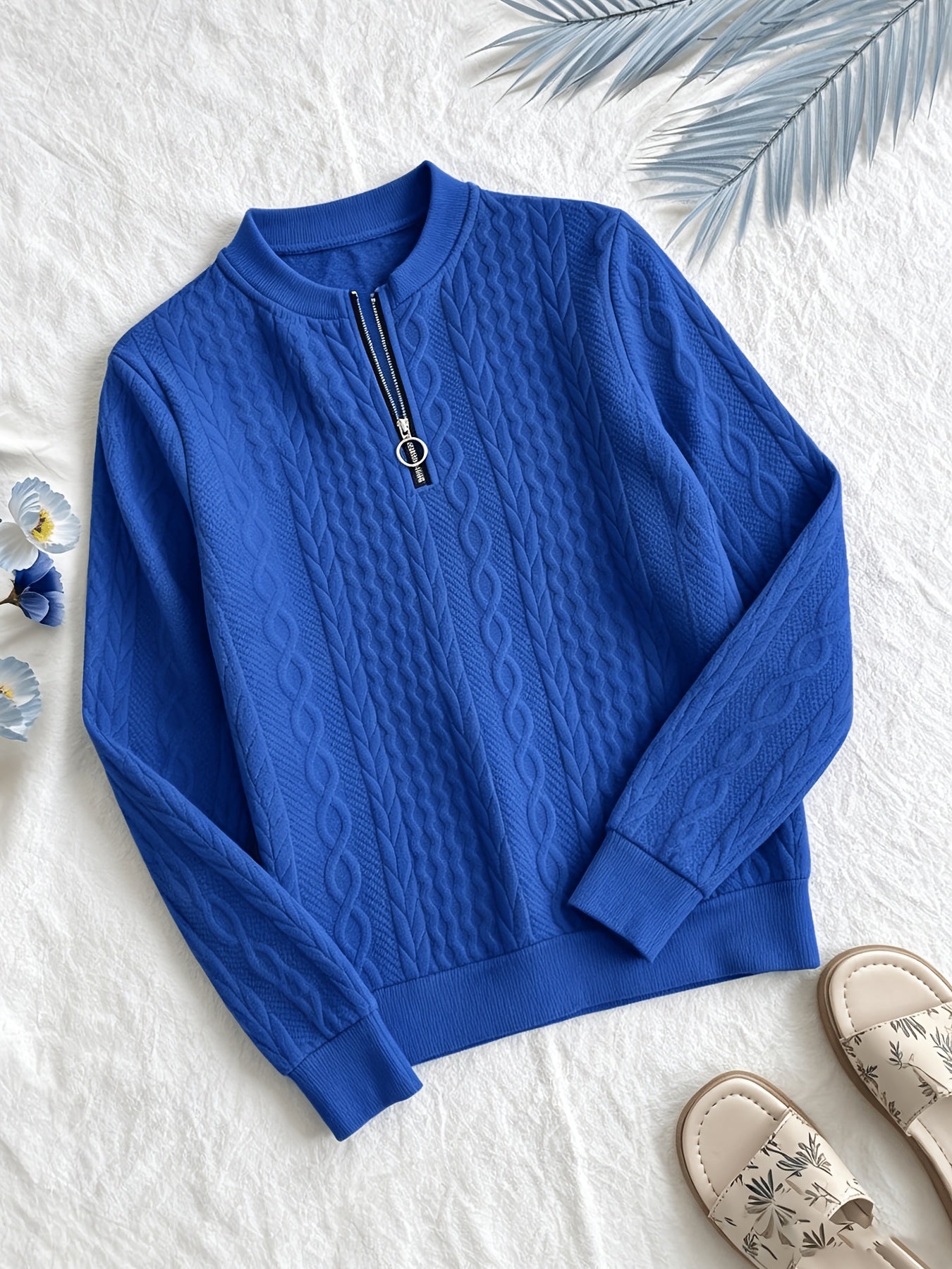 Comfortable Cable Knit Sweater for Women with Mock Neck Long Sleeve Quarter Zip Relaxed Oversized Style