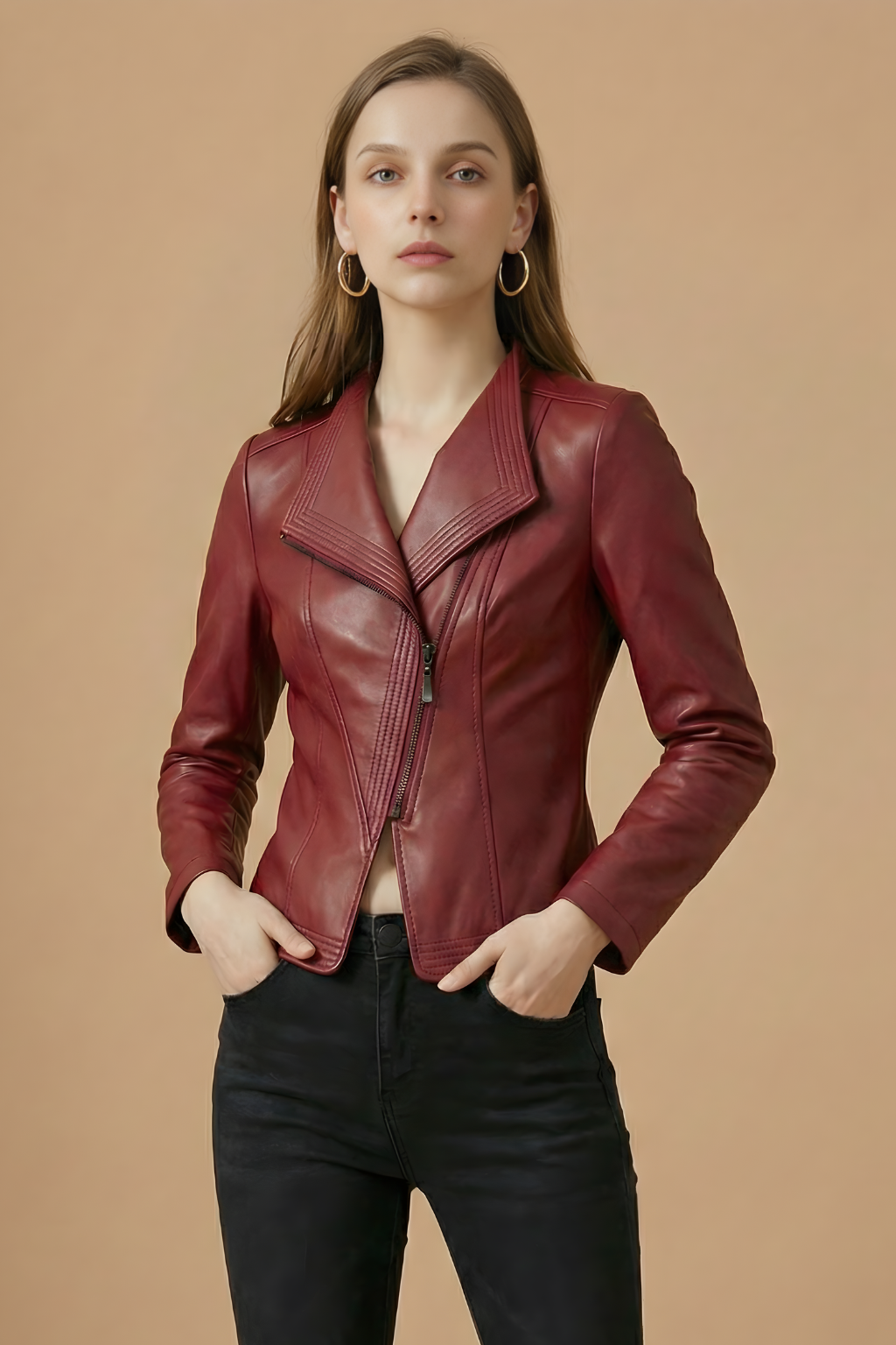 Elegant Leather Moto Jacket for Women with Notch Collar Long Sleeve Asymmetric Zip Style