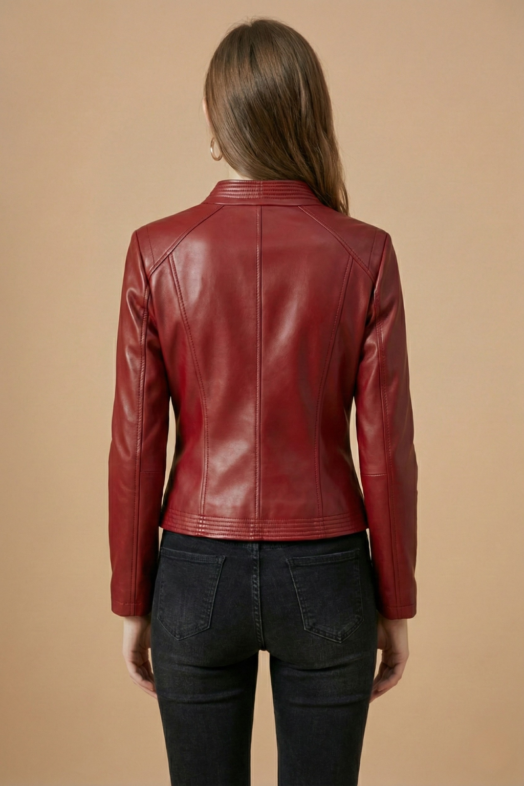 Elegant Leather Moto Jacket for Women with Notch Collar Long Sleeve Asymmetric Zip Style