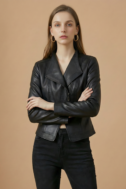 Elegant Leather Moto Jacket for Women with Notch Collar Long Sleeve Asymmetric Zip Style