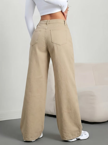 Effortless Khaki Wide Leg Jeans for Women with High Waist Button Fly Relaxed Casual Style