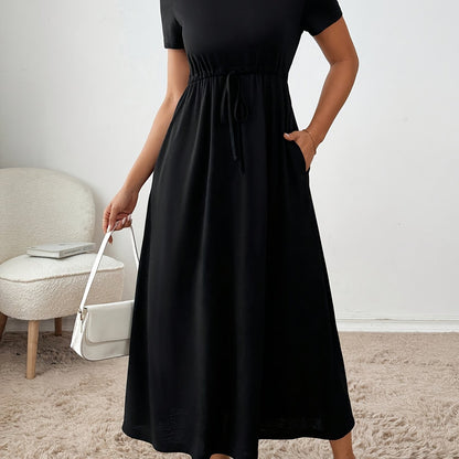 Effortless Drawstring Maxi Dress for Women with Round Neck Short Sleeve Cinched Waist Flowing Casual Style