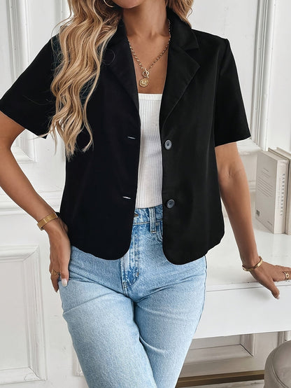 Elegant Cropped Blazer for Women with Notch Lapel Short Sleeve Button Front Casual Style