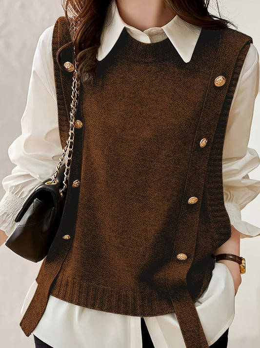 Comfortable Knit Sweater Vest for Women with Round Neck Sleeveless Button Front Ribbed Trim Style
