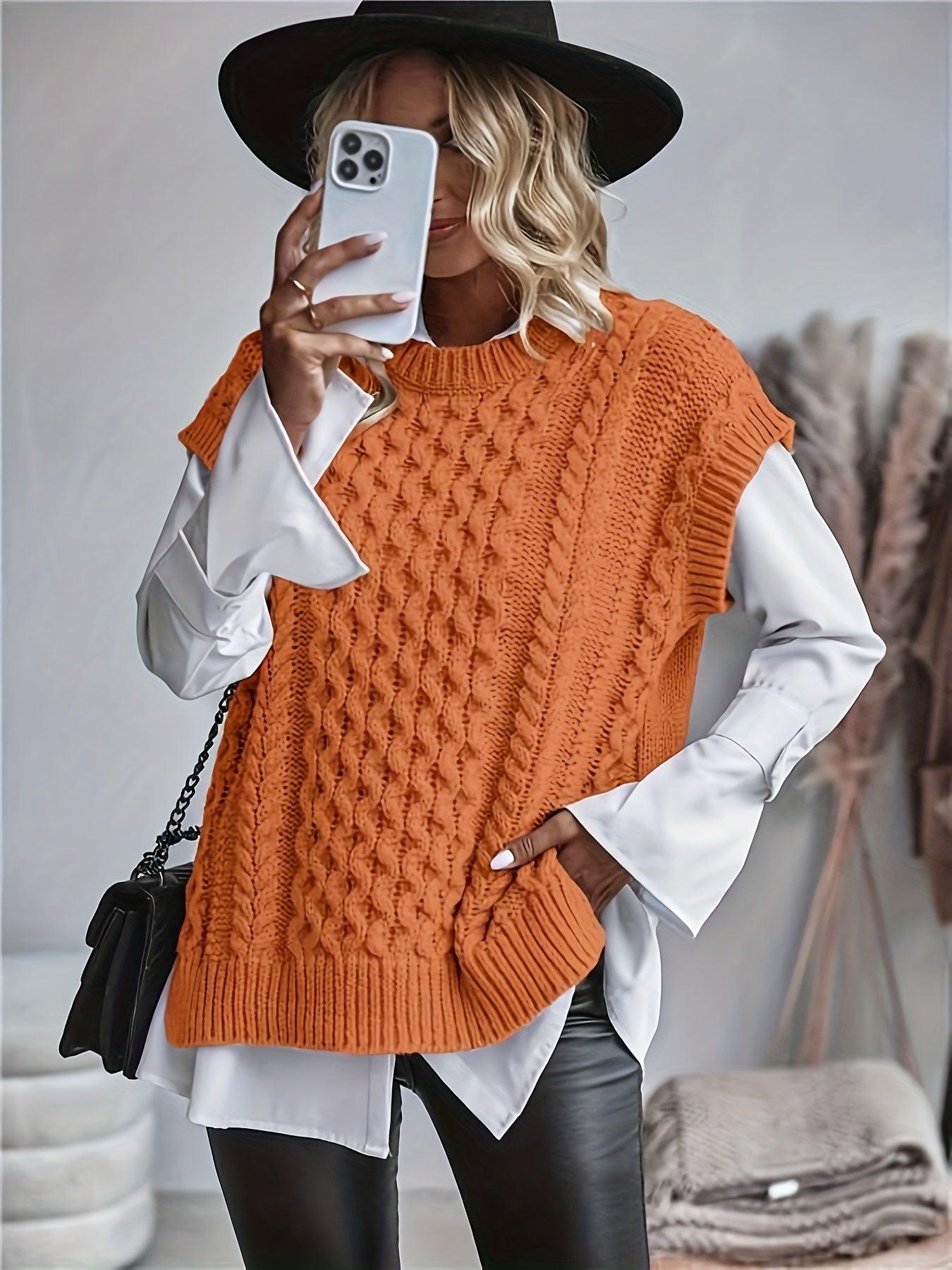 Comfortable Cable Knit Sweater Vest for Women with Crew Neck Sleeveless Oversized Relaxed Knit Style