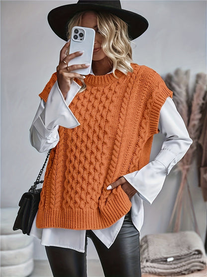 Comfortable Cable Knit Sweater Vest for Women with Crew Neck Sleeveless Oversized Relaxed Knit Style