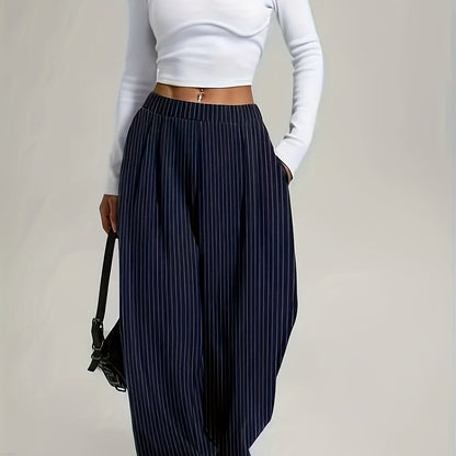 Effortless Navy Pinstripe Wide Leg Pants for Women with High Waist Pleated Relaxed Tailored Style
