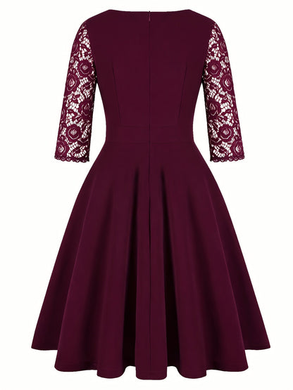 Elegant Lace Midi Dress for Women with Square Neck Three Quarter Sleeve Fit and Flare Cocktail Style