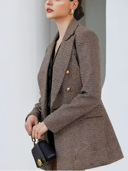 Elegant Coffee Brown Houndstooth Blazer for Women with Notch Lapel Long Sleeve Double Breasted Oversized Style