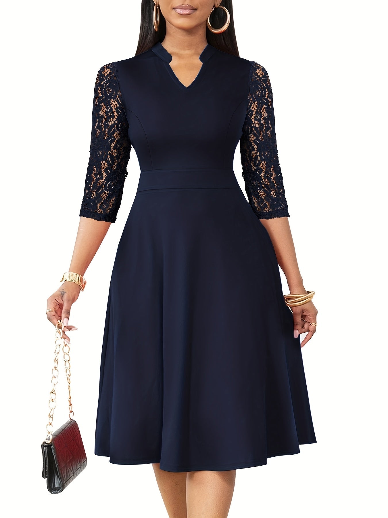 Elegant Lace Sleeve Midi Dress for Women with V Neck Fit and Flare Cocktail Style
