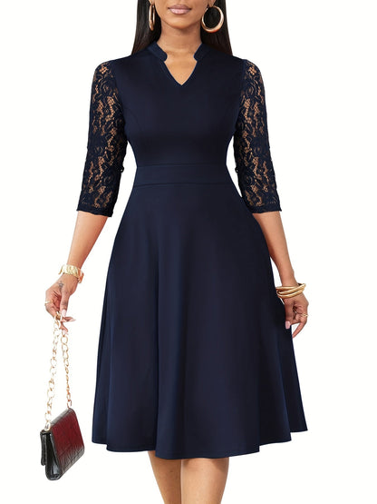 Elegant Lace Sleeve Midi Dress for Women with V Neck Fit and Flare Cocktail Style