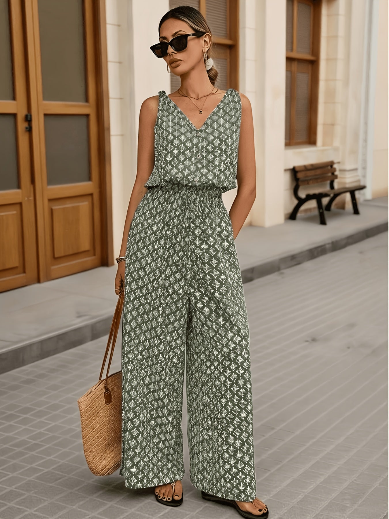 Effortless Olive Green Printed Jumpsuit for Women with V Neck Button Front Wide Leg Bohemian Style