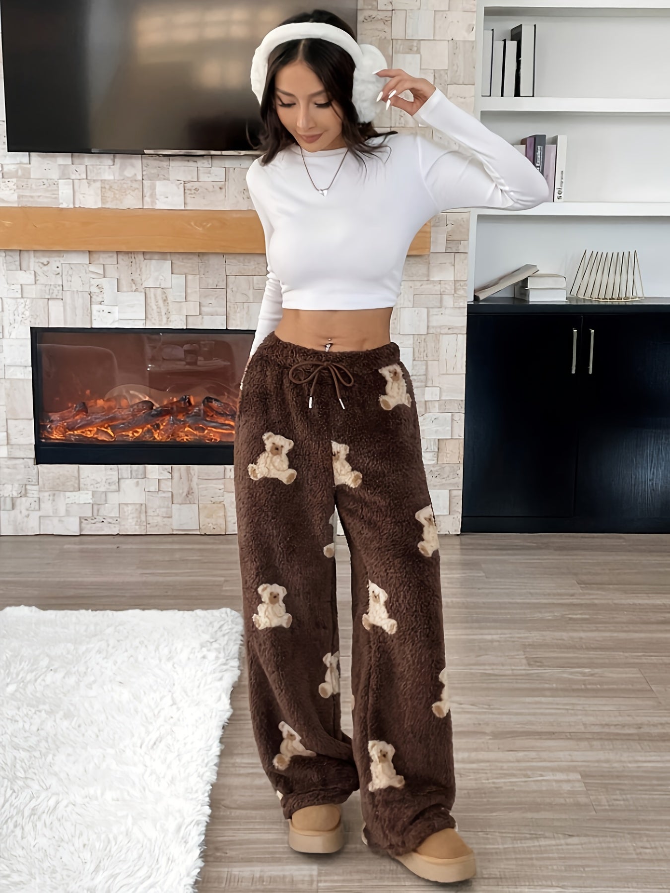 Comfortable Dark Brown Teddy Bear Print Fleece Pants for Women with High Waist Drawstring Wide Leg Relaxed Casual Style