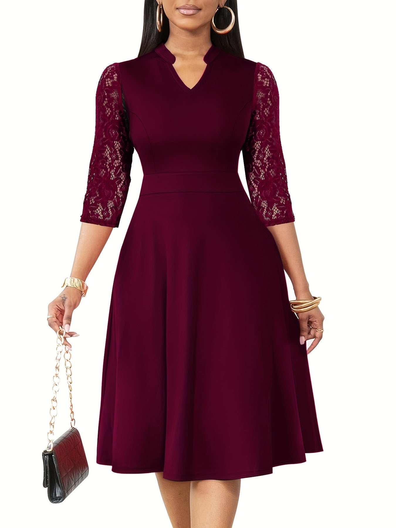 Elegant Lace Sleeve Midi Dress for Women with V Neck Fit and Flare Cocktail Style