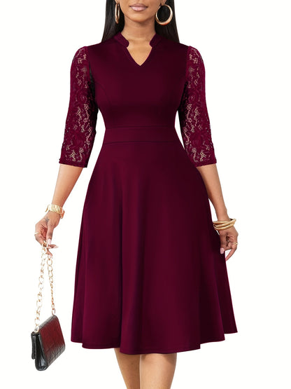 Elegant Lace Sleeve Midi Dress for Women with V Neck Fit and Flare Cocktail Style