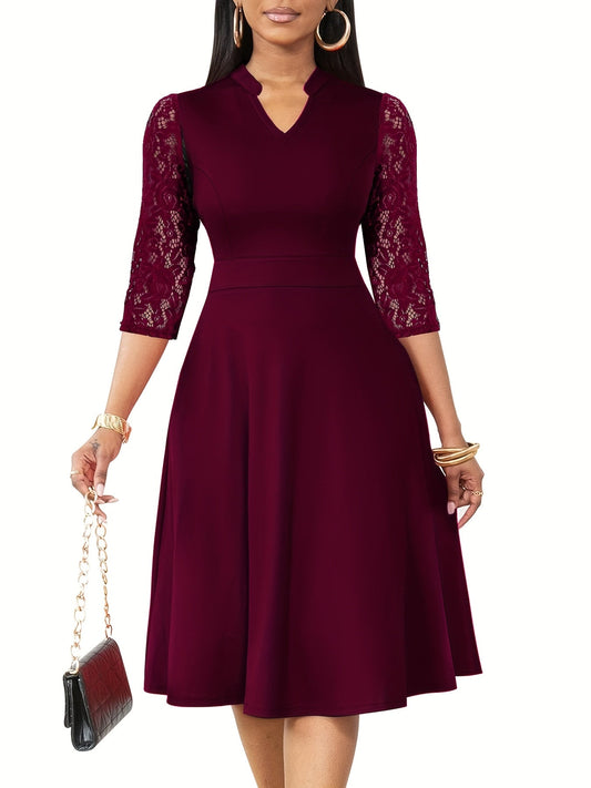 Elegant Lace Sleeve Midi Dress for Women with V Neck Fit and Flare Cocktail Style