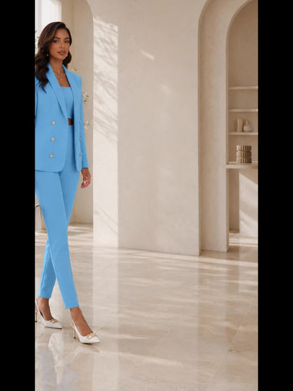 Elegant Tailored Three Piece Set for Women with Notch Lapel Long Sleeve Blazer Crop Top Tapered Pant Formal Style