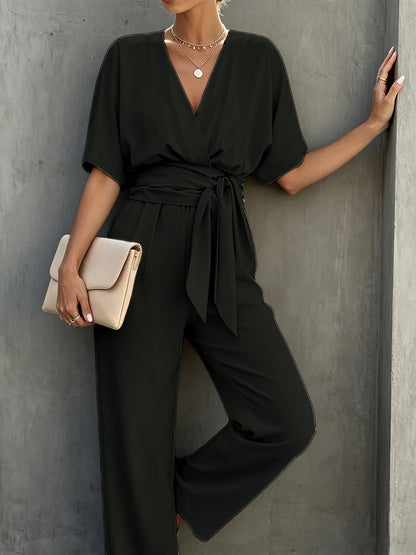 Elegant Wrap Jumpsuit for Women with V Neck Half Sleeve Belted Wide Leg Style