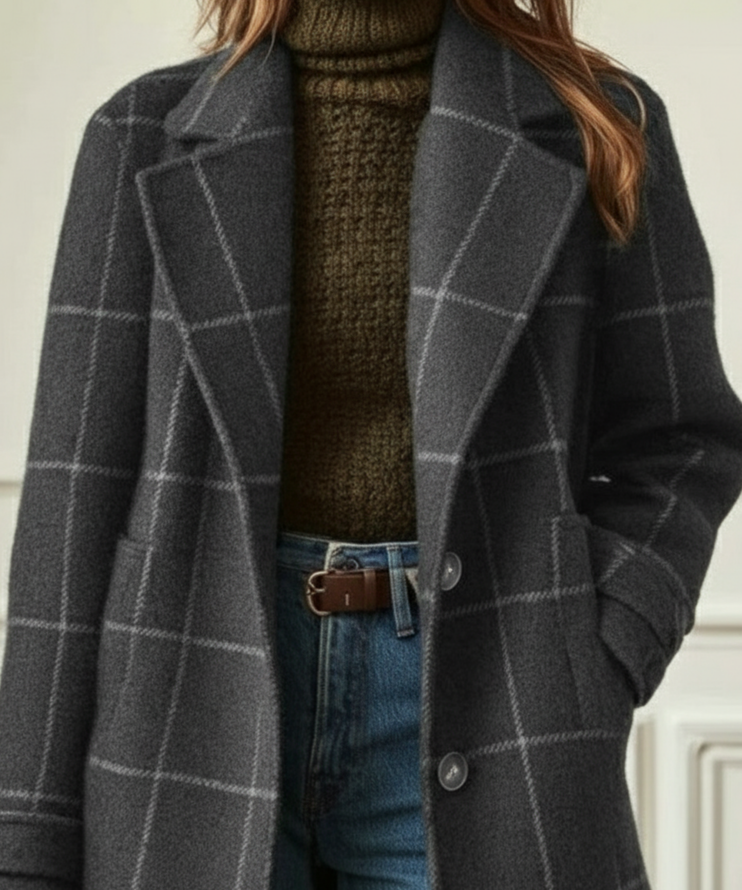 Elegant Plaid Wool Coat for Women with Notched Lapel Long Sleeve Button Front Longline Style