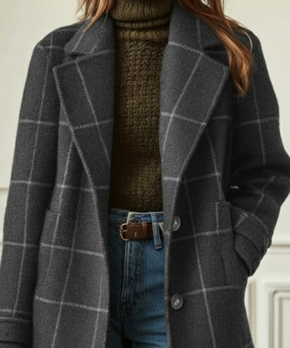 Elegant Plaid Wool Coat for Women with Notched Lapel Long Sleeve Button Front Longline Style