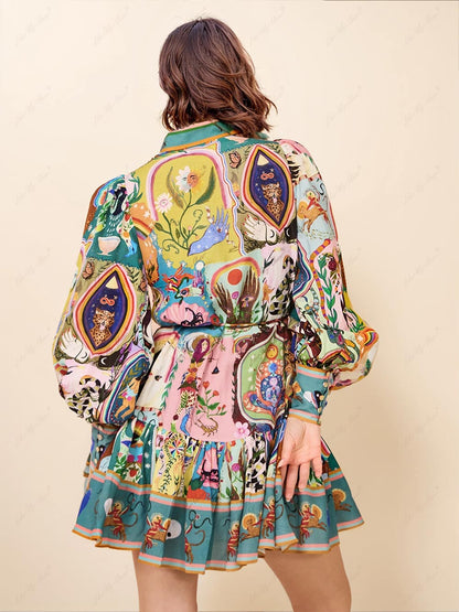 Effortless Multicolor Novelty Print Mini Dress for Women with Collar Balloon Sleeve Tie Waist Tiered Ruffle Bohemian Style