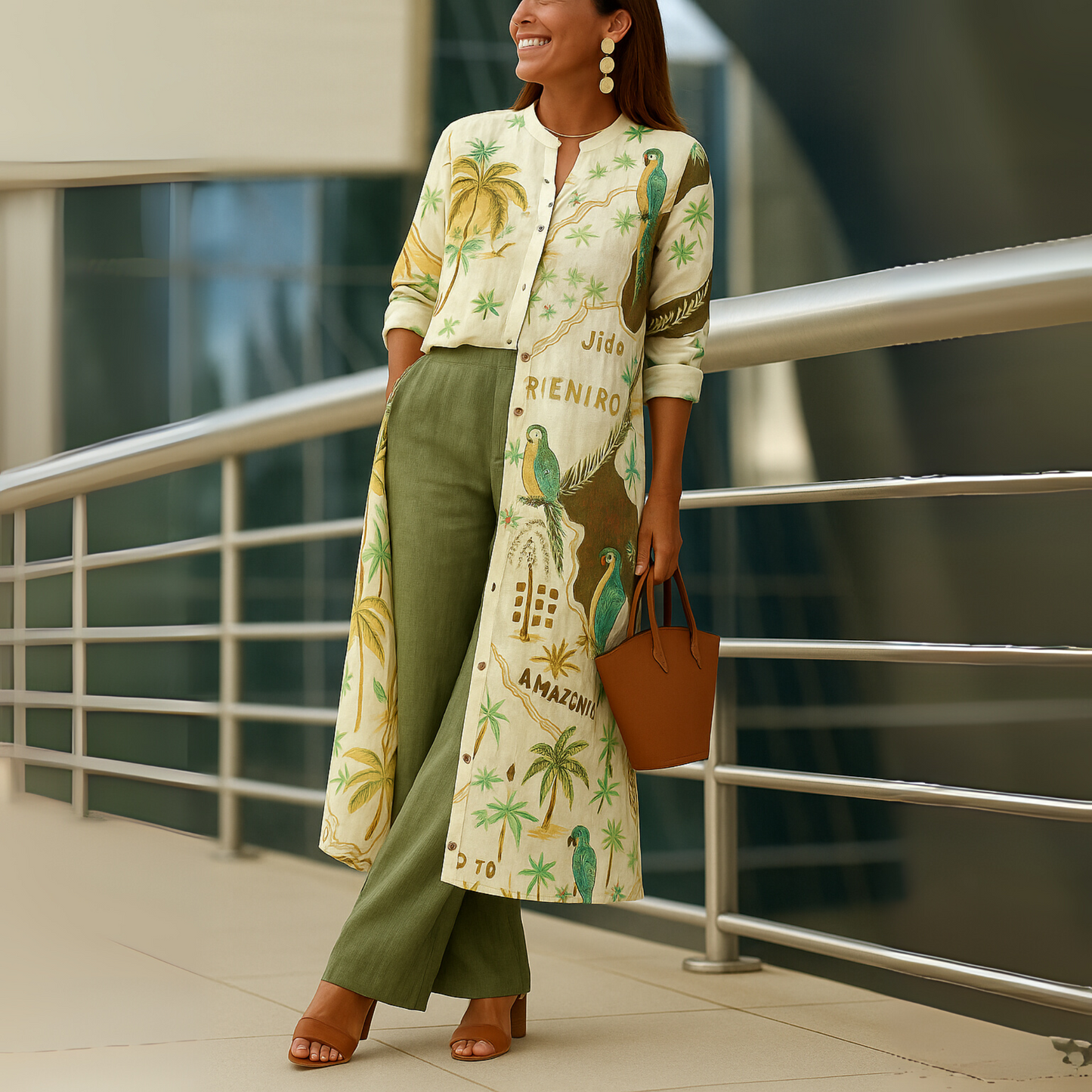 Effortless Tropical Print Two Piece Set for Women with Longline Duster Jacket Wide Leg Pant Bohemian Style