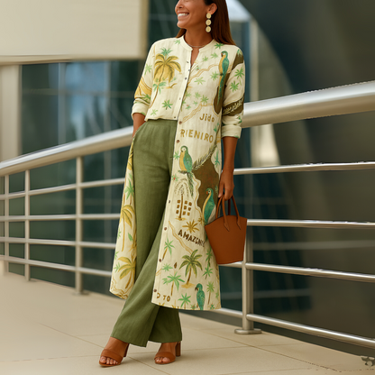 Effortless Tropical Print Two Piece Set for Women with Longline Duster Jacket Wide Leg Pant Bohemian Style