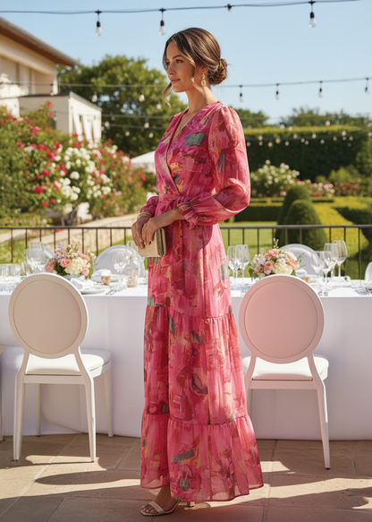 Elegant Pink Floral Maxi Dress for Women with V Neck Long Sleeve Wrap Tiered Ruffle Wedding Guest Style