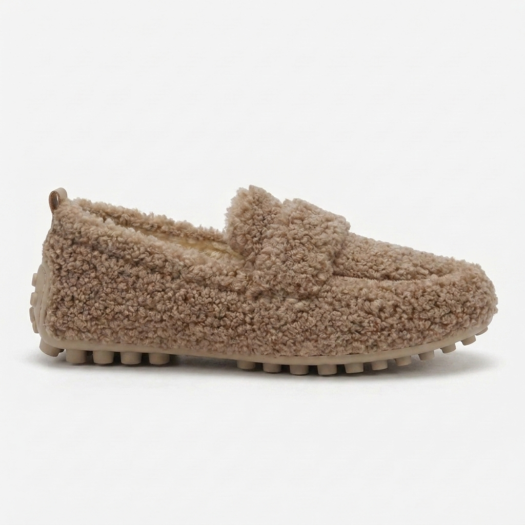 Comfortable House Shoes for Women with Curly Faux Fur Upper Moccasin Slip On Rubber Sole Style