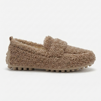 Comfortable House Shoes for Women with Curly Faux Fur Upper Moccasin Slip On Rubber Sole Style