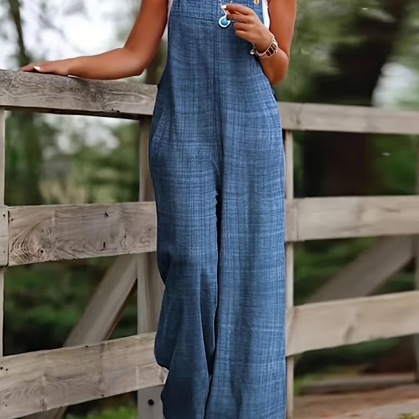 Effortless Linen Wide Leg Jumpsuit for Women with Square Neck Button Strap Relaxed Casual Style