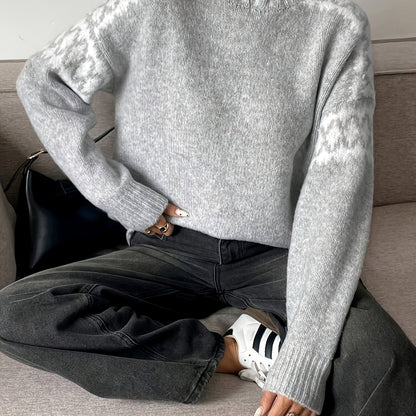 Comfortable Grey Houndstooth Sweater for Women with Mock Neck Long Sleeve Oversized Ribbed Knit Style
