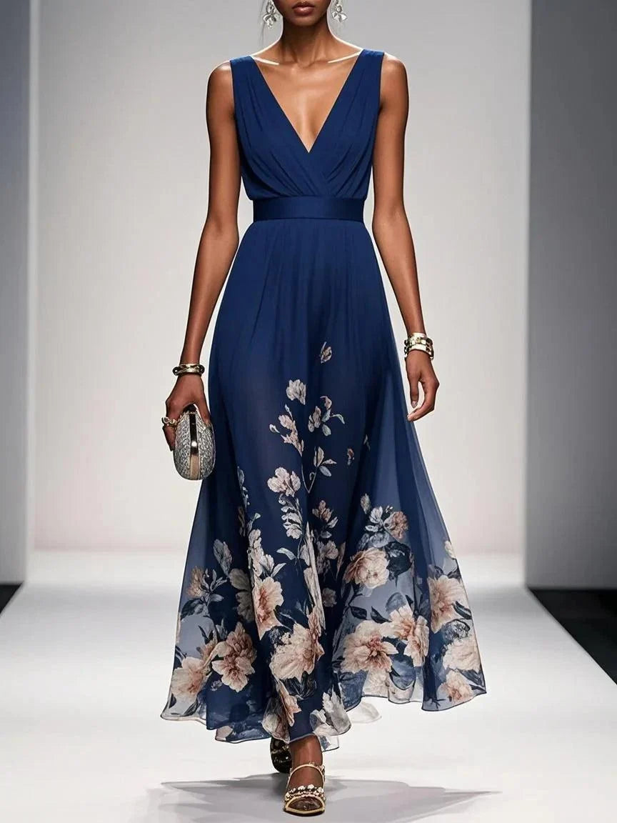 Effortless Floral Maxi Dress for Women with V Neck Sleeveless Flowing Formal Wedding Guest Style