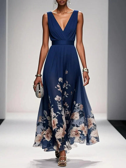 Effortless Floral Maxi Dress for Women with V Neck Sleeveless Flowing Formal Wedding Guest Style