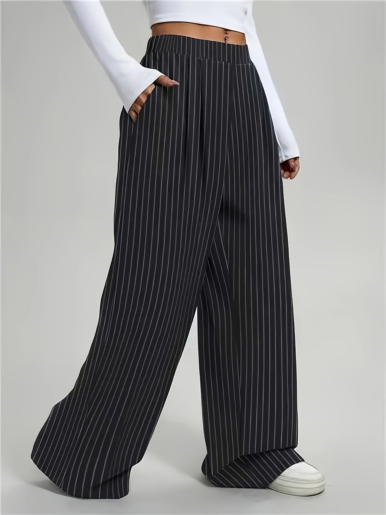 Elegant Black Pinstripe Wide Leg Pants for Women with High Waist Pleated Front Tailored Style