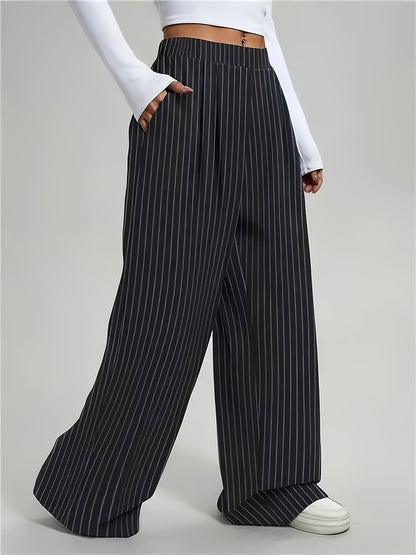 Elegant Black Pinstripe Wide Leg Pants for Women with High Waist Pleated Front Tailored Style