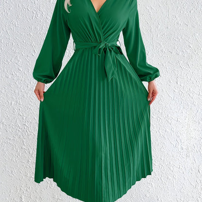 Elegant Pleated Wrap Maxi Dress for Women with V Neck Bishop Sleeve Belted Flowing Style