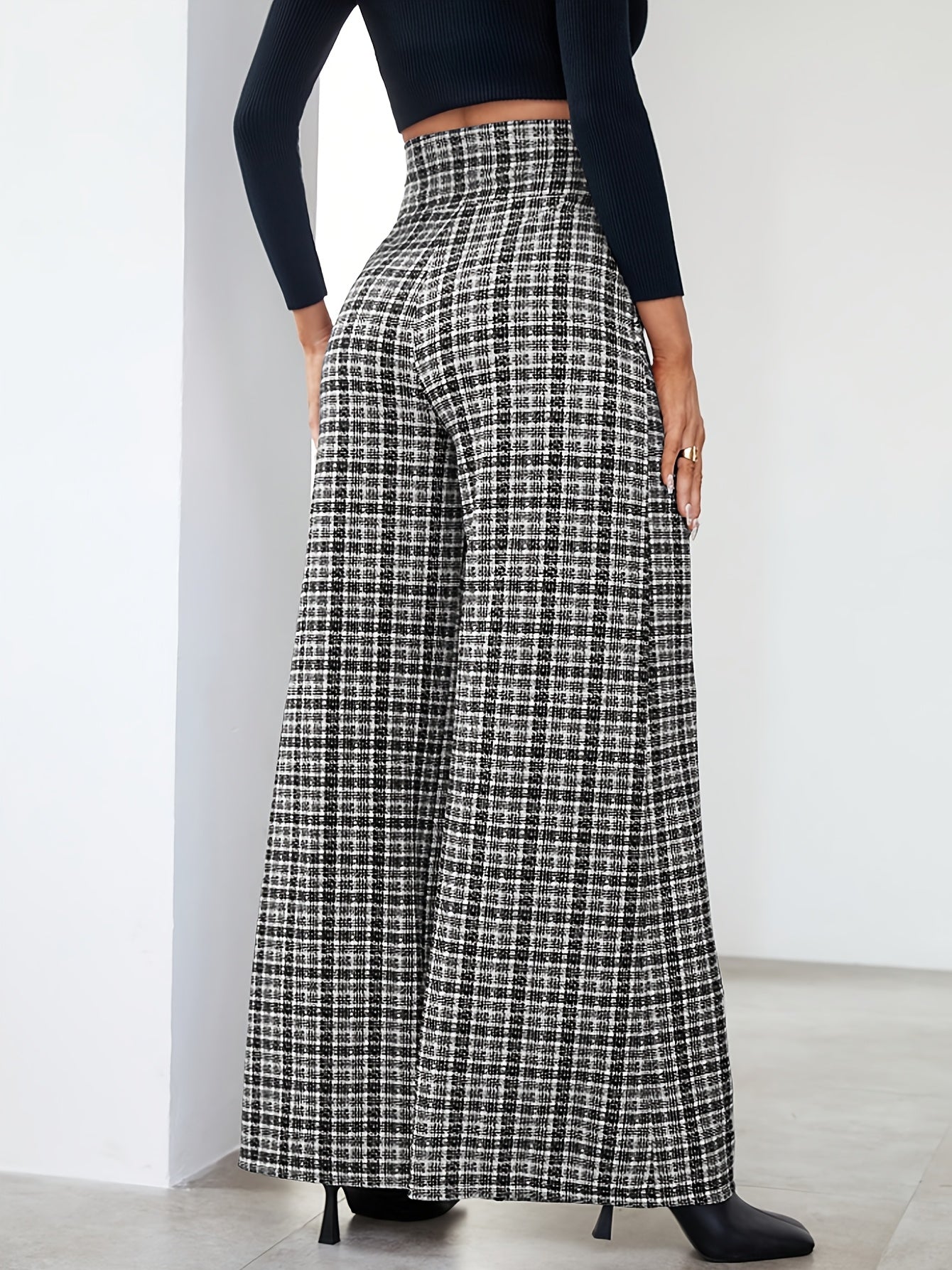Elegant Multicolor Plaid Wide Leg Pants for Women with High Waist Button Front Pleated Casual Style