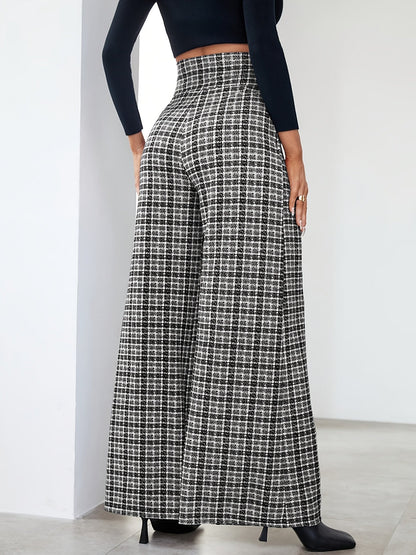 Elegant Multicolor Plaid Wide Leg Pants for Women with High Waist Button Front Pleated Casual Style