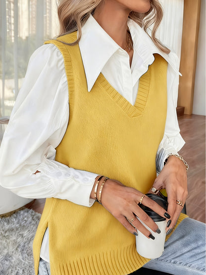 Comfortable Ribbed Knit Sweater Vest for Women with V Neck Sleeveless Relaxed Side Slit Casual Style