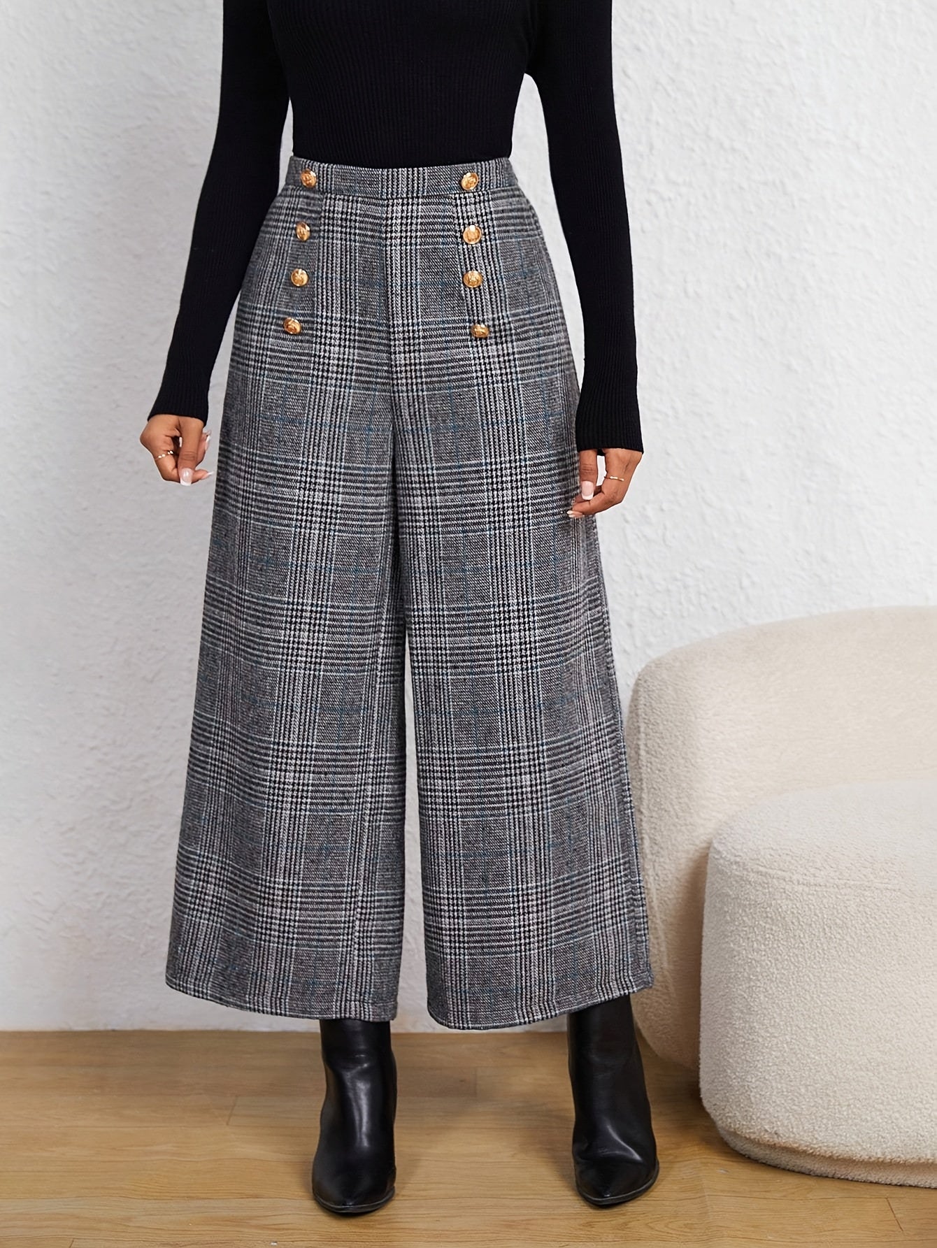 Elegant Grey Houndstooth Wide Leg Pants for Women with High Waist Button Front Tailored Style