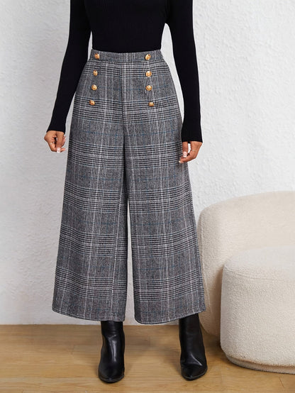 Elegant Grey Houndstooth Wide Leg Pants for Women with High Waist Button Front Tailored Style