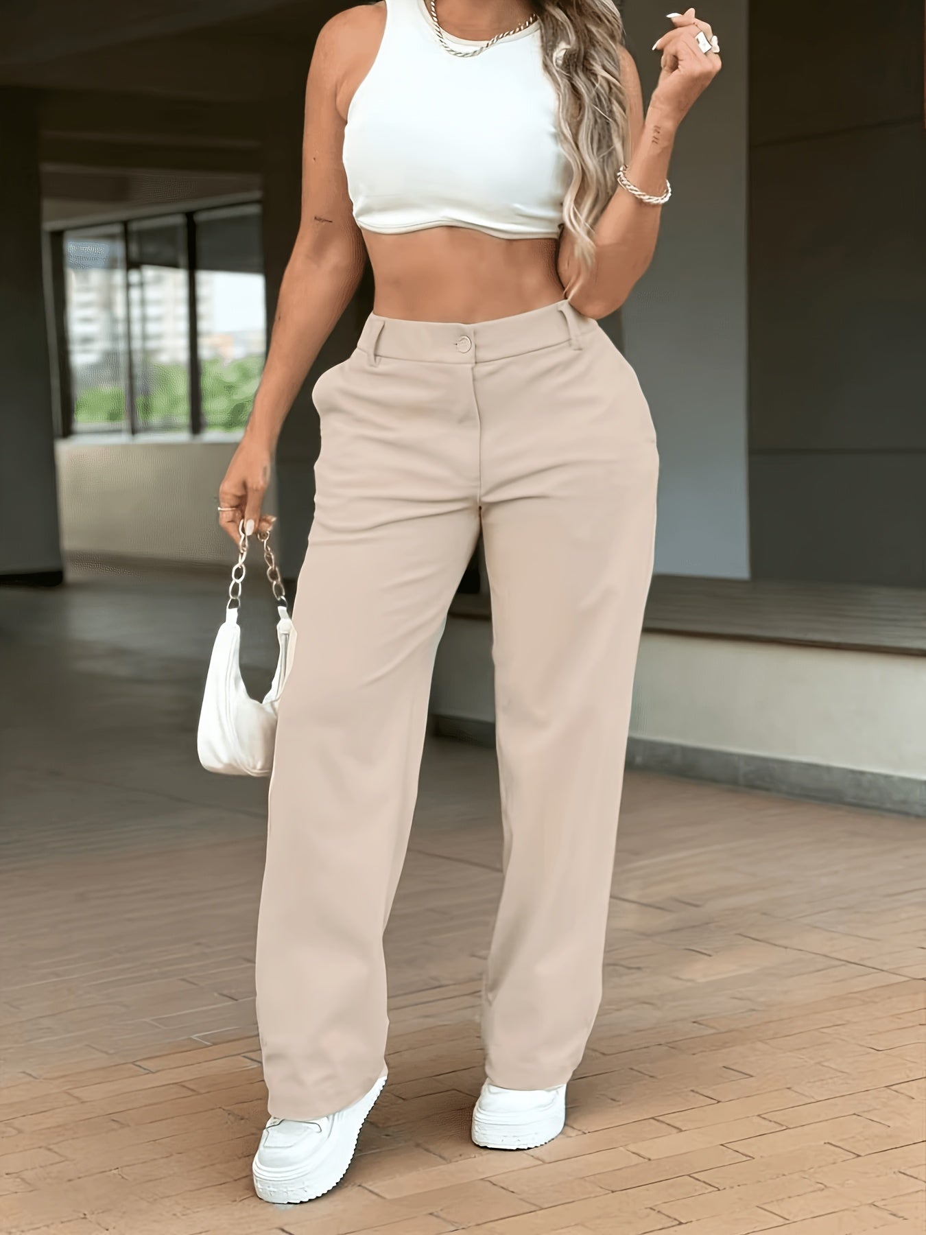 Effortless Khaki Wide Leg Trouser for Women with High Waist Button Front Straight Leg Relaxed Style
