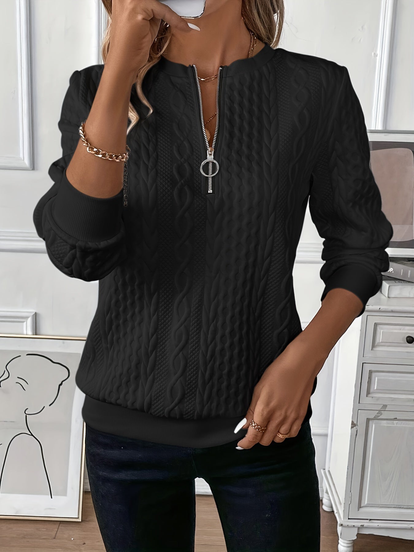 Comfortable Cable Knit Sweater for Women with Zip Neck Long Sleeve Textured Relaxed Style