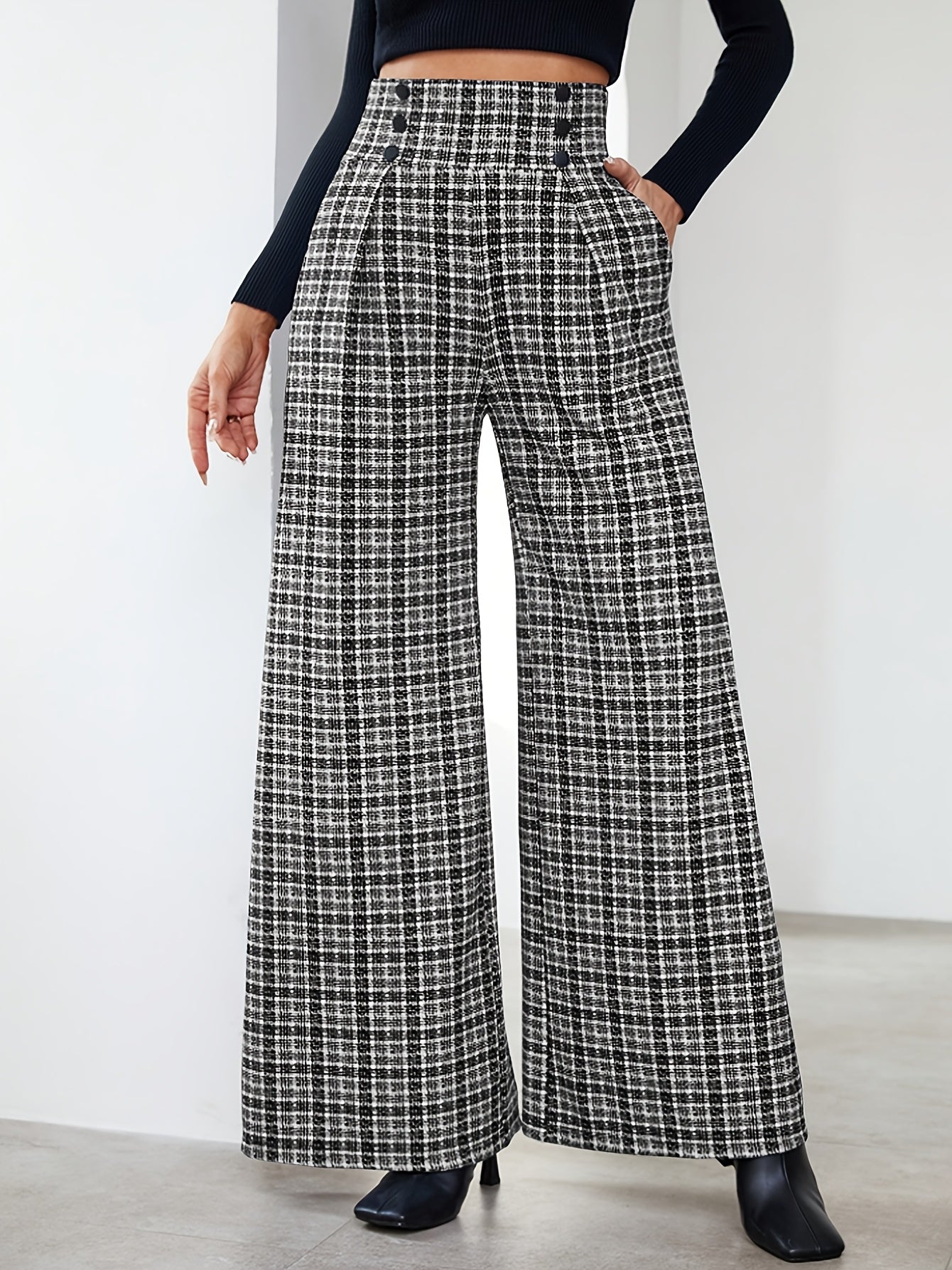 Elegant Multicolor Plaid Wide Leg Pants for Women with High Waist Button Front Pleated Casual Style