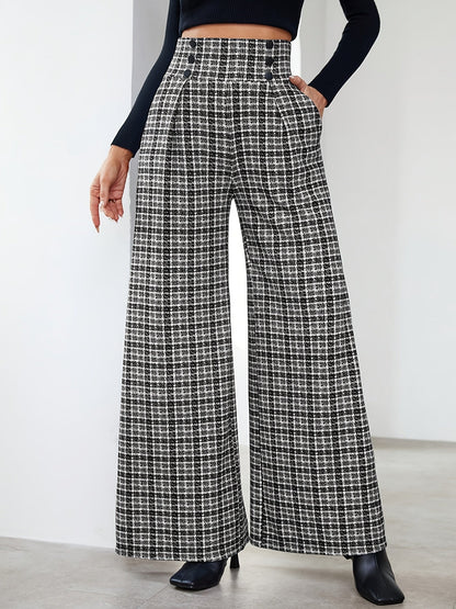 Elegant Multicolor Plaid Wide Leg Pants for Women with High Waist Button Front Pleated Casual Style