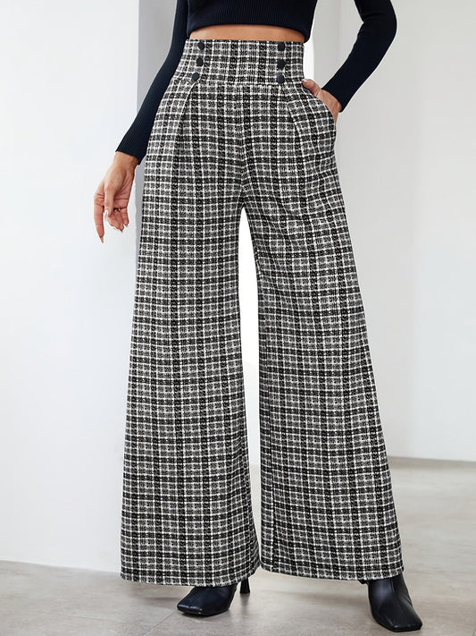 Elegant Multicolor Plaid Wide Leg Pants for Women with High Waist Button Front Pleated Casual Style