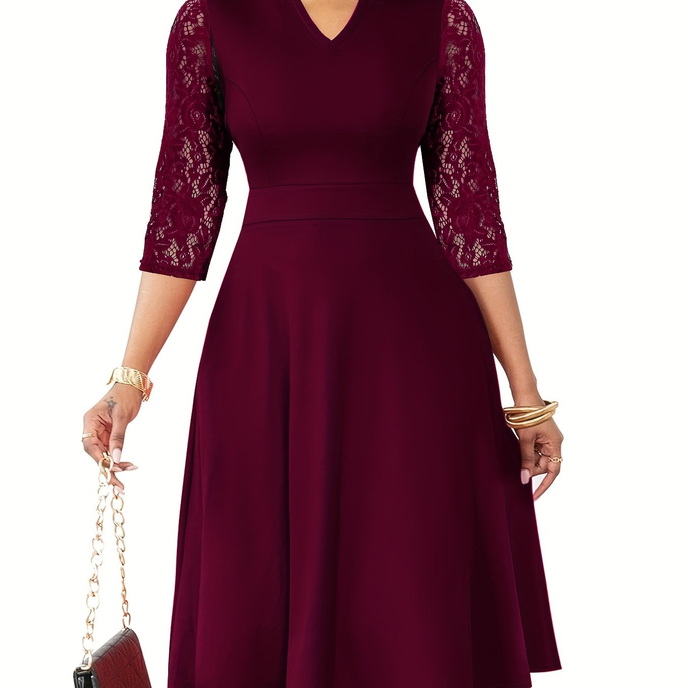 Elegant Lace Sleeve Midi Dress for Women with V Neck Fit and Flare Cocktail Style