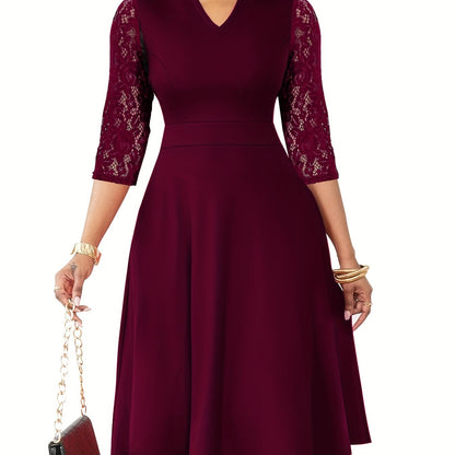 Elegant Lace Sleeve Midi Dress for Women with V Neck Fit and Flare Cocktail Style