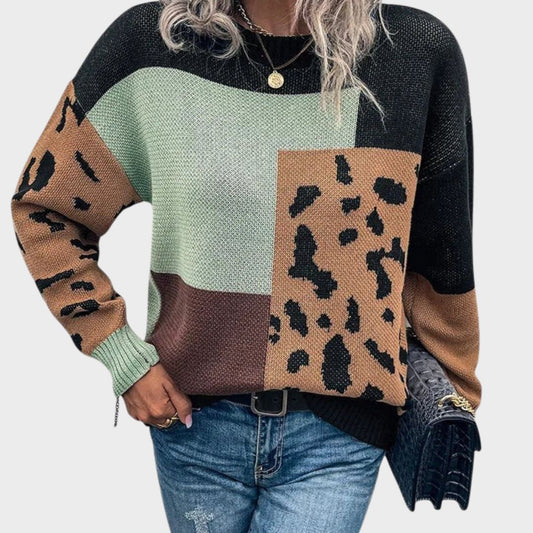 Comfortable Colorblock Leopard Print Sweater for Women with Crew Neck Long Sleeve Relaxed Oversized Knit Style